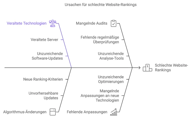 DIe oben bveschriebenen Ursachen für schlechtes Website-Ranking visuell dargestellt.