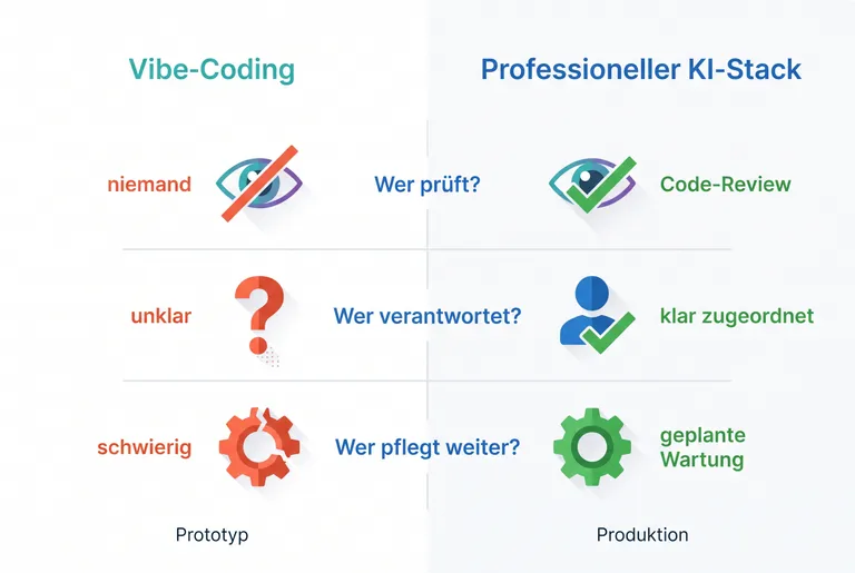 Infografik mit Gegenüberstellung: Vibe-Coding beantwortet die Fragen nach Code-Prüfung, Verantwortung und Wartung mit niemand, unklar und schwierig; ein professioneller KI-Stack zeigt Code-Review, klar zugeordnete Verantwortung und geplante Wartung.