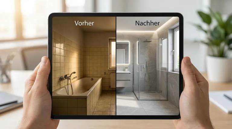 Vorher-Nachher-Vergleich Badsanierung: Links altes Bad mit vergilbten Fliesen, rechts modernes Bad mit Regendusche und LED-Beleuchtung