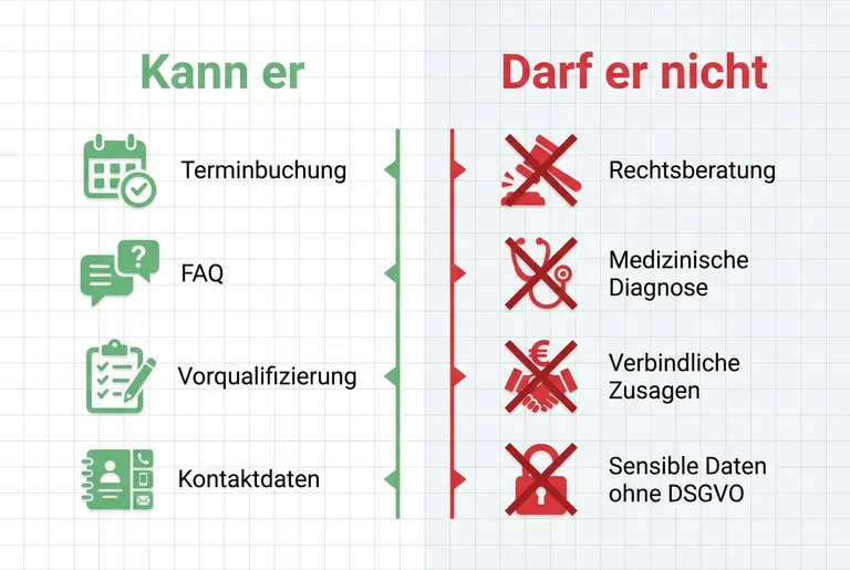 Infografik: Was ein KI-Chatbot kann (Terminbuchung, FAQ, Vorqualifizierung, Kontaktdaten) und was er nicht darf (Rechtsberatung, Medizinische Diagnose, Verbindliche Zusagen, Sensible Daten ohne DSGVO)